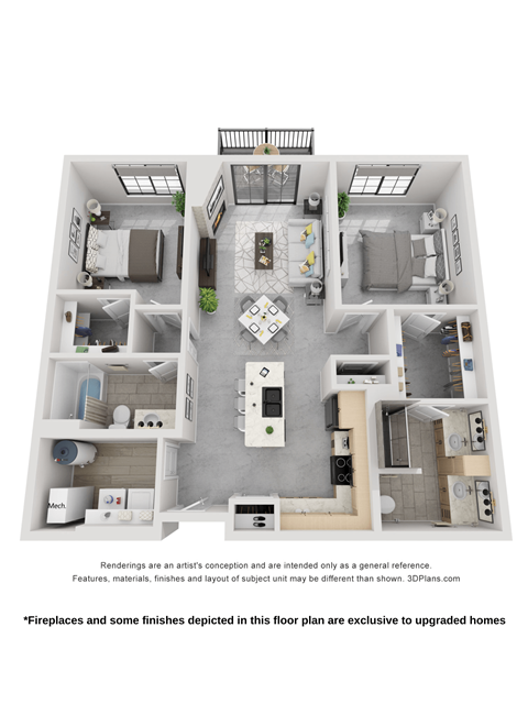 Floor plan for 2 beds, 2 baths, 1154 sqft
